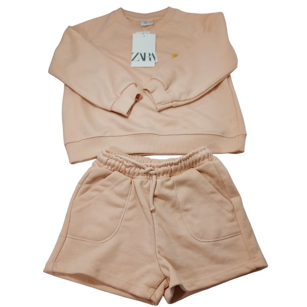 ZARA NEW Round Neck Sweatshirt L/S Rib Cuffs Elastic Waistband Shorts 4-5 Years